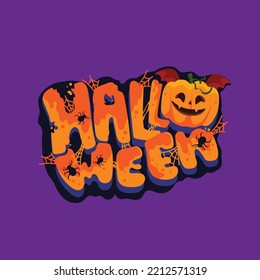 Halloween writing with the theme of horror with the letter o in the shape of a pumpkin and has knick-knacks in the form of webs and spiders