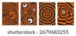 Halloween y2k groovy backgrounds with orange and black psychedelic pattern, trippy eyeball and pumpkin design for retro spooky vibes. Wavy lines, illusions geometric shapes for October party posters.