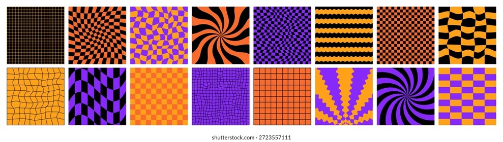 Dia das Bruxas Y2k Groovy Checker Padrão Fundo. Papel de parede de verificação retro sem costura. Trendy Spooky Grid Sem Costura Kit Padrão. Modelo de Bg Y2k Wavy Halloween Checkered. Conjunto de textura de estação de livro laranja preto.