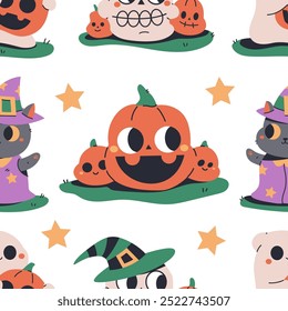 Decorações de quintal de Halloween vetor desenho animado plano de fundo sem emenda.