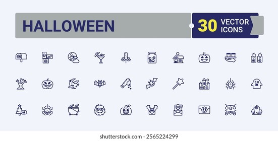 Halloween Year end icon set. Related to costume, element, horror, hat, lantern, candle, celebration, coffin. Icons for UI. Solid line editable stroke. Vector line and solid icons.