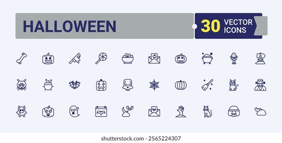 Halloween Year end icon set. Related to costume, element, horror, hat, lantern, candle, celebration, coffin. Icons for UI. Solid line editable stroke. Vector line and solid icons.