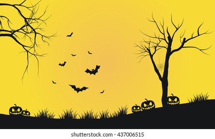 Halloween yellow backgrounds silhouette pumpkins and bat