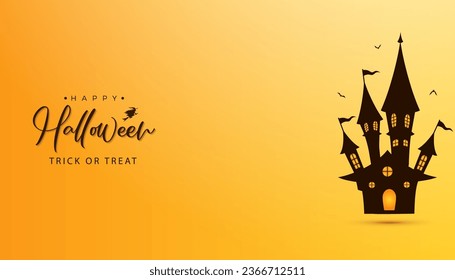 Halloween yellow banner background with halloween wish text and cute halloween haunted house