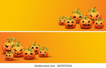 Pancartas amarillas de Halloween con calabazas lindas. Ilustración vectorial.
