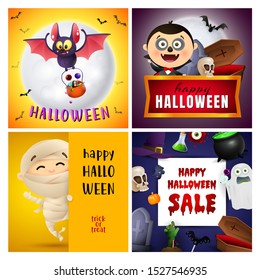 Halloween yellow, blue banner set with vampire, mummy, bat. Halloween, October, trick or treat. Lettering can be used for greeting cards, invitations, announcements