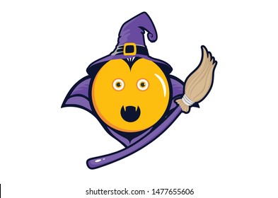 Halloween yellow emoticon purple witch costume with circle shaped and holding wizard broom Premium vector