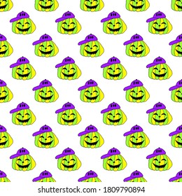 Halloween yellow and green pumpkins seamless pattern isolated on white background. Funny doodle art. Funny Jack lantern in hat. Vector illustration for card design and fall decoration.