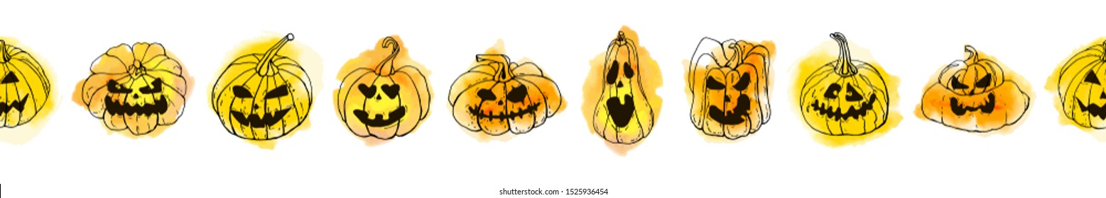 Halloween yellow orange autumn pumpkin seamless brush with scary monster faces. Vector set. Cartoons with watercolor texture. Holiday background. Hand drawn design elements. For postcards, greetings.