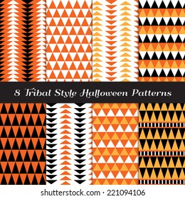 Halloween Yellow, Orange, Black and White Tribal Style Patterns. Modern faceted geometric print background. Pattern Swatches included and made with Global Colors. 