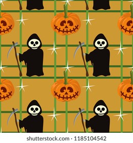 Halloween yellow pumpkin and grim reaper seamless pattern. vector illustration for fashion textile print and wrapping with festive design.