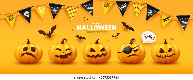 Halloween yellow pumpkins smiling and scary face collections, colorful flag and bat flying, banner design on yellow background, Eps 10 vector illustration
