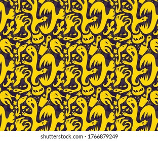 halloween yellow with purple seamless pattern with hands, cat eyes, ghosts, plants and scared objects