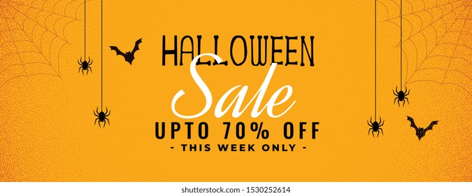 halloween yellow sale banner with spider and cobweb