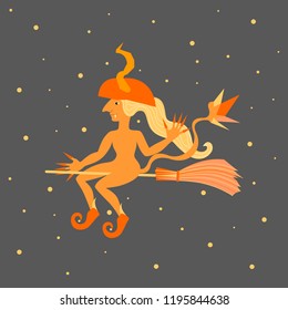 Halloween, yellow sorcerer flying on a broomstick.
