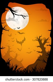 Halloween yellow spooky a4 frame border with moon, death trees and bats. Vector background with place for text