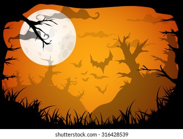 Halloween yellow spooky a4 frame border with moon, death trees and bats. Vector background with place for text