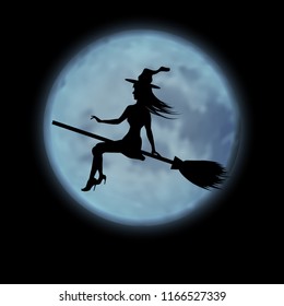 Halloween. Young witch flying on a broomstick on the background of the full moon. Vector illustration isolated on black background.