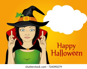 Halloween. A young woman in a hat and a witch suit crossed her fingers. A happy girl makes a wish. Vector. An empty thinking bubble for your text or ad. Greeting card  for a holiday. Pop Art