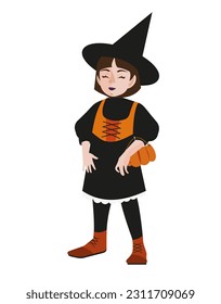 Mujer joven bruja de Halloween con cara amable, cesta de calabaza con caramelos, ojos cerrados. Ilustración vectorial de diseño plano aislado.