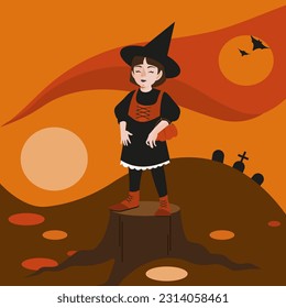 Mujer joven bruja de Halloween con cara amable, canasta de calabaza con caramelos, se pone de pie en un trozo. Paisaje otoñal, murciélagos y tumbas. Ilustración vectorial plana.