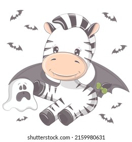 Halloween zebra with a ghost. Vector illustration of Halloween animal. Cute little illustration Halloween zebra for kids, fairy tales, covers, baby shower, textile t-shirt, baby book.