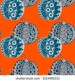 Halloween Zentangle Pattern. Hand Drawn Doodle Pumpkins Scanned and Traced to Vector. Halloween Seamless Background with Carved Pumpkins. Good for Rapport, Textile, Fabric or Wrapping
