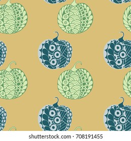 Halloween Zentangle Pattern. Hand Drawn Doodle Pumpkins Scanned and Traced to Vector. Halloween Seamless Background with Carved Pumpkins. Good for Rapport, Textile, Fabric or Wrapping