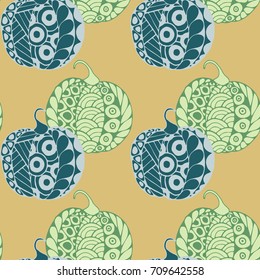 Halloween Zentangle Pattern. Hand Drawn Doodle Pumpkins Scanned and Traced to Vector. Halloween Seamless Background with Carved Pumpkins. Good for Rapport, Textile, Fabric or Wrapping