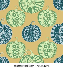 Halloween Zentangle Pattern. Hand Drawn Doodle Pumpkins Scanned and Traced to Vector. Halloween Seamless Background with Carved Pumpkins. Good for Rapport, Textile, Fabric or Wrapping