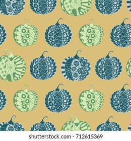 Halloween Zentangle Pattern. Hand Drawn Doodle Pumpkins Scanned and Traced to Vector. Halloween Seamless Background with Carved Pumpkins. Good for Rapport, Textile, Fabric or Wrapping