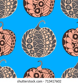 Halloween Zentangle Pattern. Hand Drawn Doodle Pumpkins Scanned and Traced to Vector. Halloween Seamless Background with Carved Pumpkins. Good for Rapport, Textile, Fabric or Wrapping