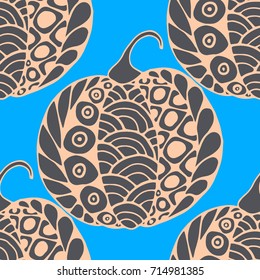 Halloween Zentangle Pattern. Hand Drawn Doodle Pumpkins Scanned and Traced to Vector. Halloween Seamless Background with Carved Pumpkins. Good for Rapport, Textile, Fabric or Wrapping