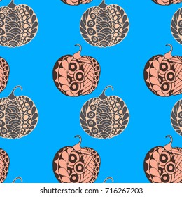 Halloween Zentangle Pattern. Hand Drawn Doodle Pumpkins Scanned and Traced to Vector. Halloween Seamless Background with Carved Pumpkins. Good for Rapport, Textile, Fabric or Wrapping