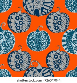 Halloween Zentangle Pattern. Hand Drawn Doodle Pumpkins Scanned and Traced to Vector. Halloween Seamless Background with Carved Pumpkins. Good for Rapport, Textile, Fabric or Wrapping