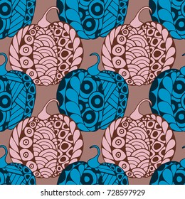 Halloween Zentangle Pattern. Hand Drawn Doodle Pumpkins Scanned and Traced to Vector. Halloween Seamless Background with Carved Pumpkins. Good for Rapport, Textile, Fabric or Wrapping