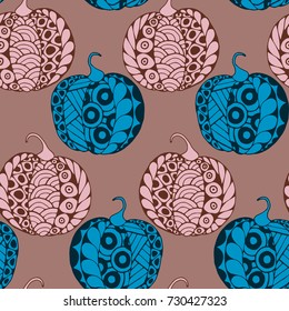 Halloween Zentangle Pattern. Hand Drawn Doodle Pumpkins Scanned and Traced to Vector. Halloween Seamless Background with Carved Pumpkins. Good for Rapport, Textile, Fabric or Wrapping