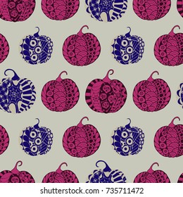 Halloween Zentangle Pattern. Hand Drawn Doodle Pumpkins Scanned and Traced to Vector. Halloween Seamless Background with Carved Pumpkins. Good for Rapport, Textile, Fabric or Wrapping