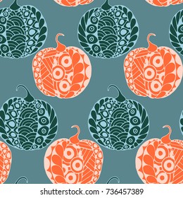 Halloween Zentangle Pattern. Hand Drawn Doodle Pumpkins Scanned and Traced to Vector. Halloween Seamless Background with Carved Pumpkins. Good for Rapport, Textile, Fabric or Wrapping