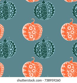 Halloween Zentangle Pattern. Hand Drawn Doodle Pumpkins Scanned and Traced to Vector. Halloween Seamless Background with Carved Pumpkins. Good for Rapport, Textile, Fabric or Wrapping