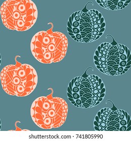 Halloween Zentangle Pattern. Hand Drawn Doodle Pumpkins Scanned and Traced to Vector. Halloween Seamless Background with Carved Pumpkins. Good for Rapport, Textile, Fabric or Wrapping