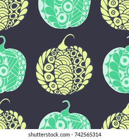 Halloween Zentangle Pattern. Hand Drawn Doodle Pumpkins Scanned and Traced to Vector. Halloween Seamless Background with Carved Pumpkins. Good for Rapport, Textile, Fabric or Wrapping