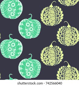 Halloween Zentangle Pattern. Hand Drawn Doodle Pumpkins Scanned and Traced to Vector. Halloween Seamless Background with Carved Pumpkins. Good for Rapport, Textile, Fabric or Wrapping