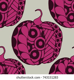 Halloween Zentangle Pattern. Hand Drawn Doodle Pumpkins Scanned and Traced to Vector. Halloween Seamless Background with Carved Pumpkins. Good for Rapport, Textile, Fabric or Wrapping