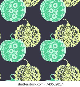 Halloween Zentangle Pattern. Hand Drawn Doodle Pumpkins Scanned and Traced to Vector. Halloween Seamless Background with Carved Pumpkins. Good for Rapport, Textile, Fabric or Wrapping