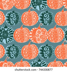 Halloween Zentangle Pattern. Hand Drawn Doodle Pumpkins Scanned and Traced to Vector. Halloween Seamless Background with Carved Pumpkins. Good for Rapport, Textile, Fabric or Wrapping