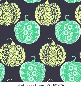 Halloween Zentangle Pattern. Hand Drawn Doodle Pumpkins Scanned and Traced to Vector. Halloween Seamless Background with Carved Pumpkins. Good for Rapport, Textile, Fabric or Wrapping