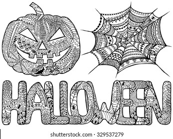 Halloween zentangle set includes pumpkin, web and word. Hand drawn halloween zentangle elements. Halloween vector can be used for web, printed products, cards, party invitations, cloth and other.