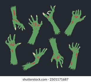 Halloween zombie arms. Creepy monsters hands with long nails, spooky horror green arms flat vector illustration set. Cartoon zombie arms