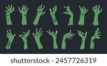 Halloween zombie arms. Monsters bony green hands, spooky living dead creepy scrawny hands flat vector illustration set. Horror zombie hands